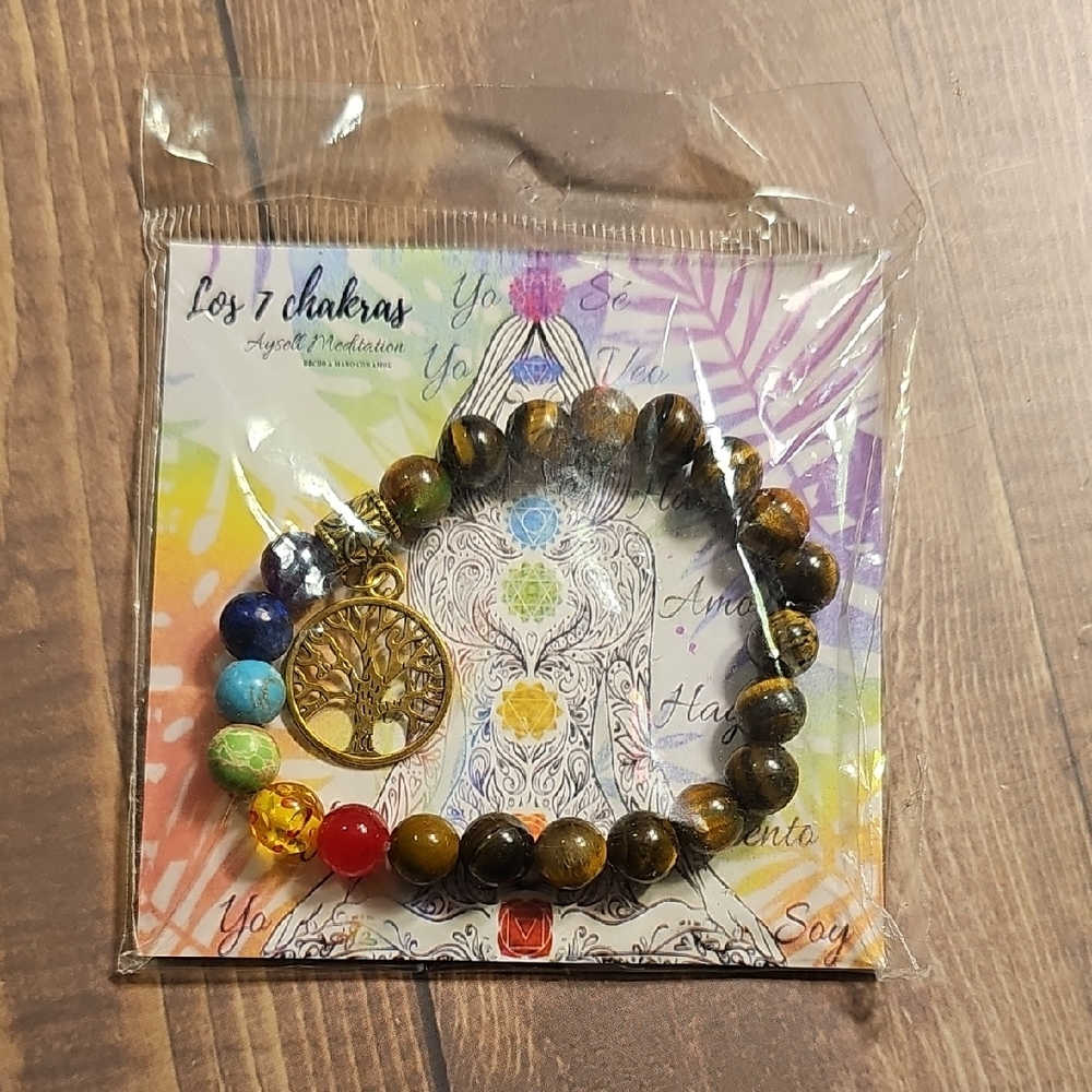 Multicolor Chakra Beaded Bracelet with Tree Charm